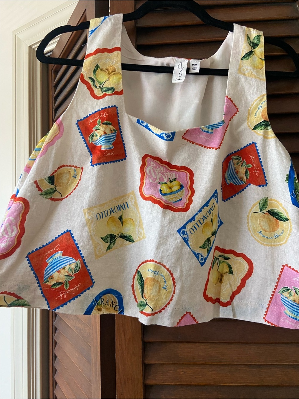 Joie White Lemon Print Sleeveless Crop Top with Multicolor Stamps